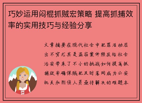 巧妙运用闷棍抓贼宏策略 提高抓捕效率的实用技巧与经验分享
